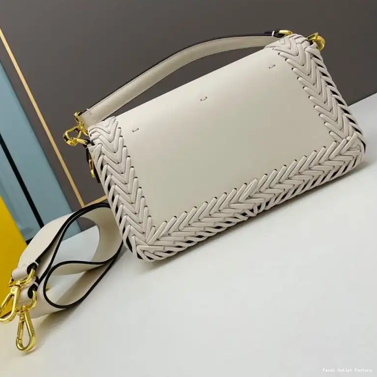 Vintage HOT In Baguette Fendi Bag Leather Medium White Stitching 0607